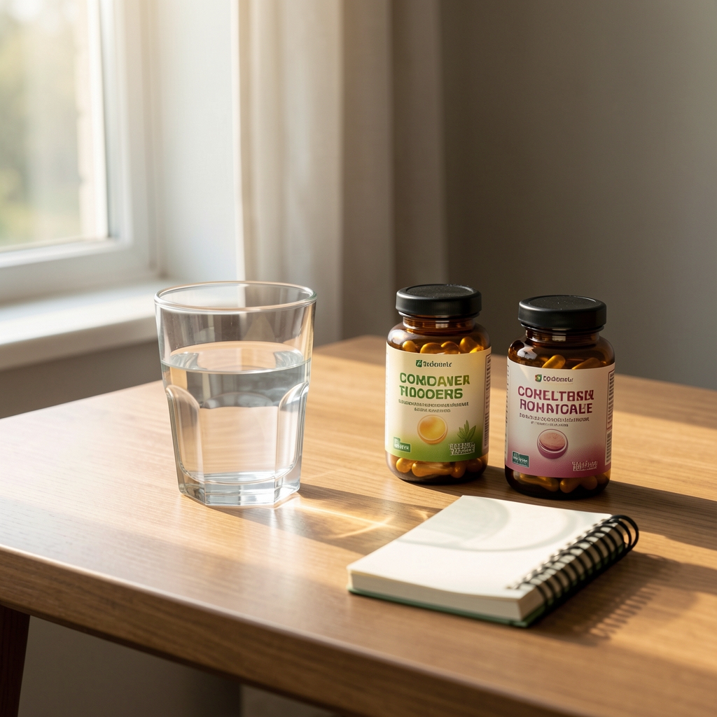 Morning desk setup with a glass of water, vitamin containers, and a small notebook, natural light from the left