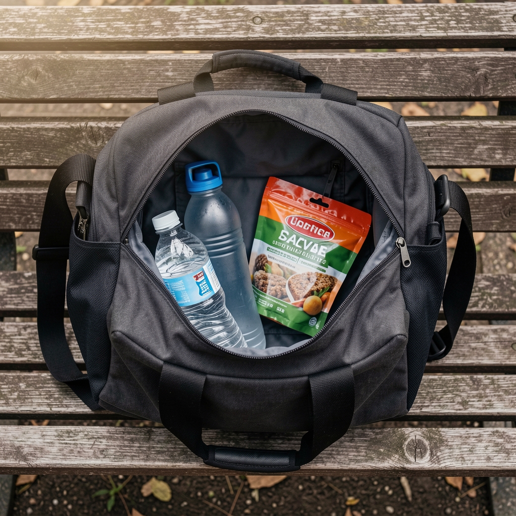 Gym bag open on a bench with a water bottle and supplement pouch, active lifestyle editorial flat lay