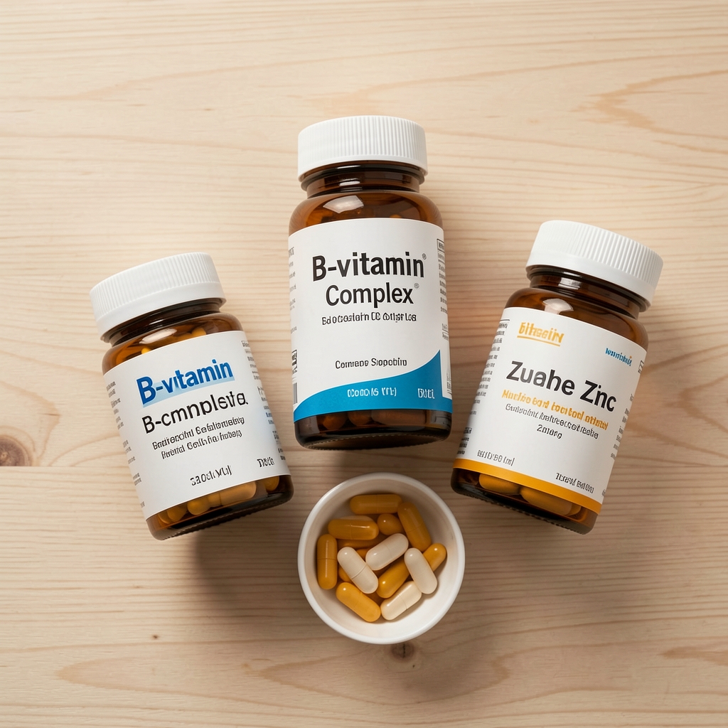 B-vitamin complex and zinc supplement containers arranged on a light wooden surface, editorial overhead flat lay