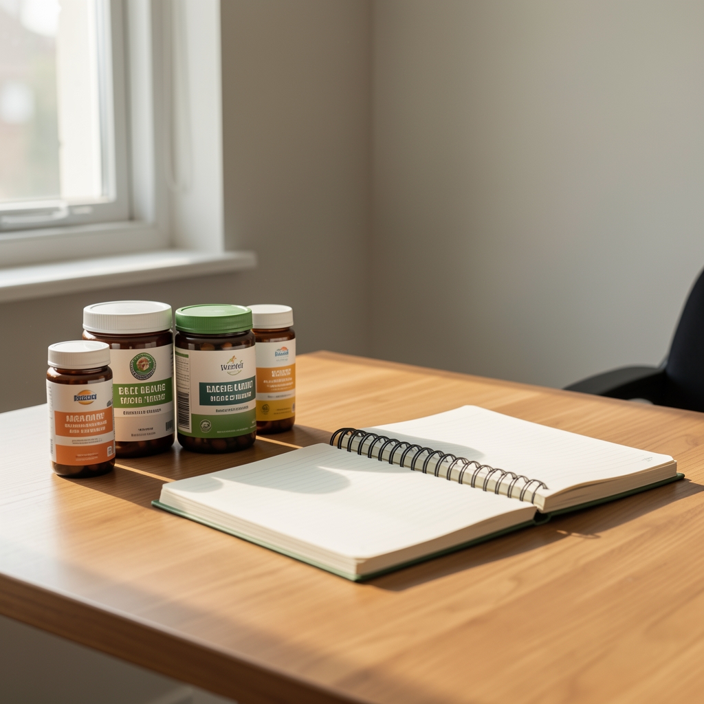 Morning desk setup with supplement containers and notebook, natural daylight, editorial composition